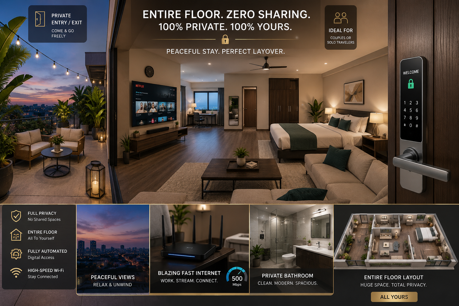 Detailed () image depicting a serene, fully private Airbnb floor with a private entry-exit, showcasing a spacious terrace