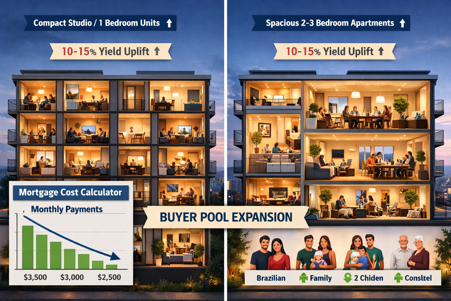 Detailed () architectural visualization showing cross-section comparison of two apartment building types side-by-side: left