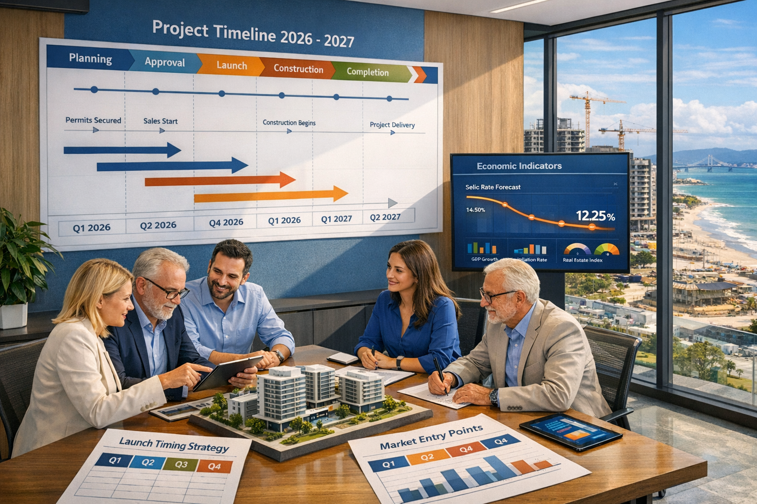 Detailed () image of modern Brazilian real estate development office with large wall-mounted timeline chart showing project
