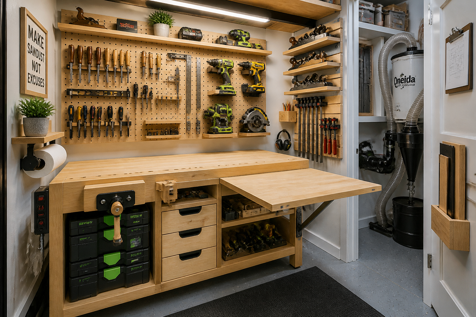 Detailed () image showing an innovative micro-workshop layout. The foreground features a workbench with integrated tool