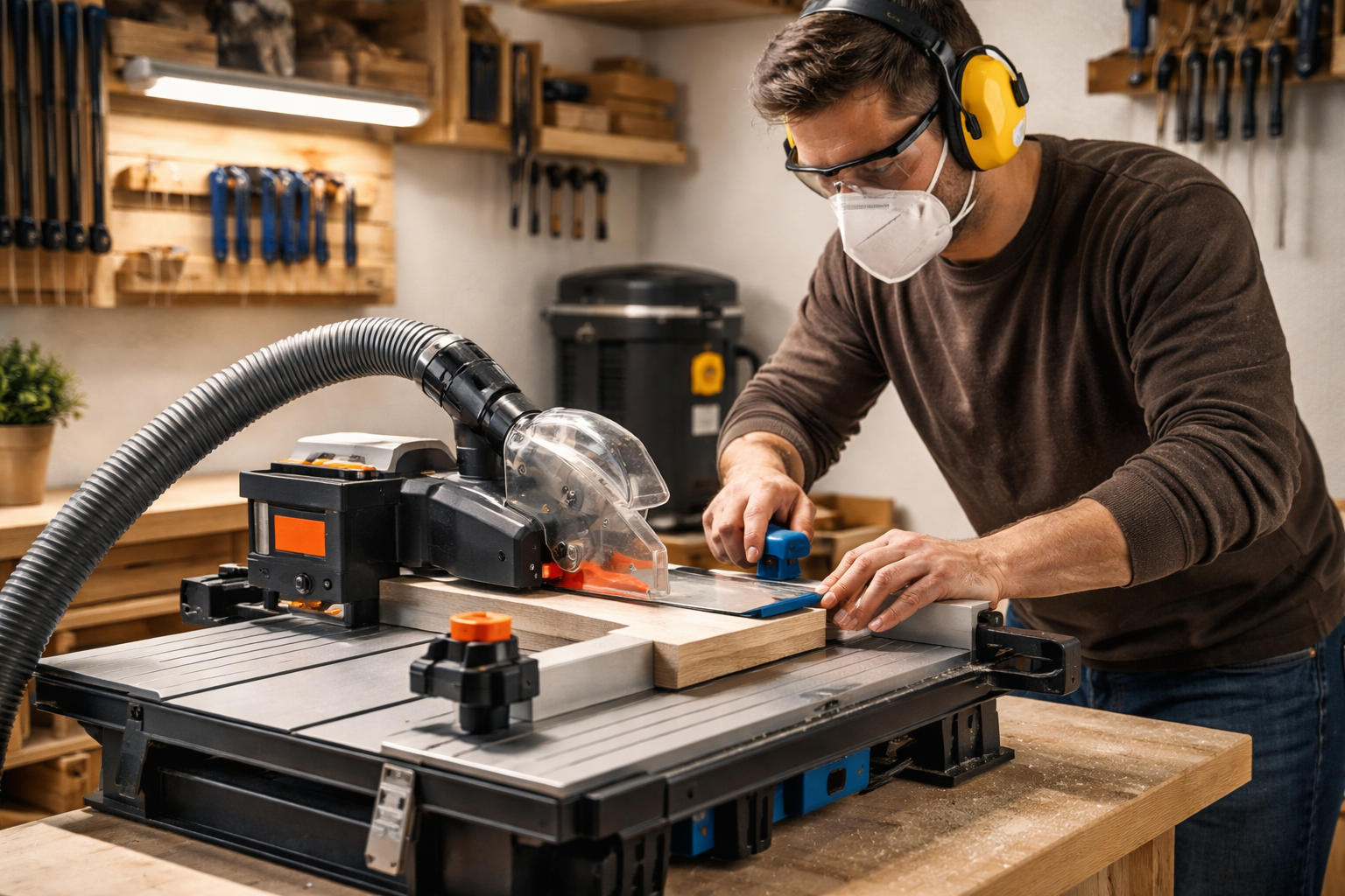 () image illustrating advanced safety protocols in a micro-workshop. A woodworker is wearing appropriate PPE (safety