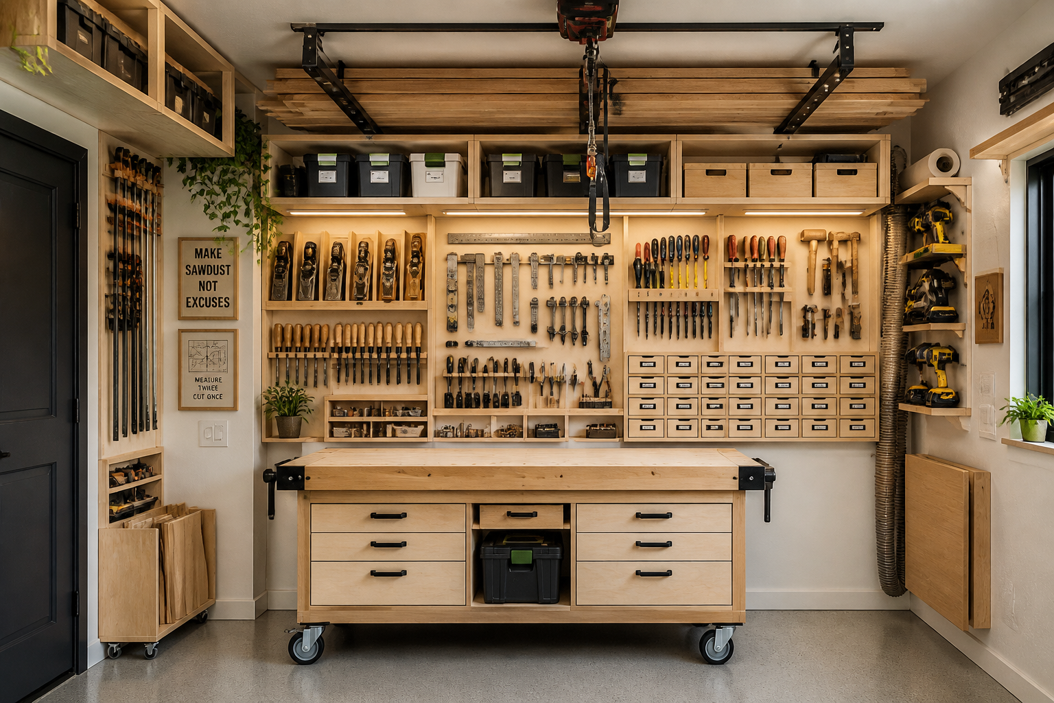 () image showcasing creative storage and organization solutions for extremely small woodworking spaces. A wall is covered