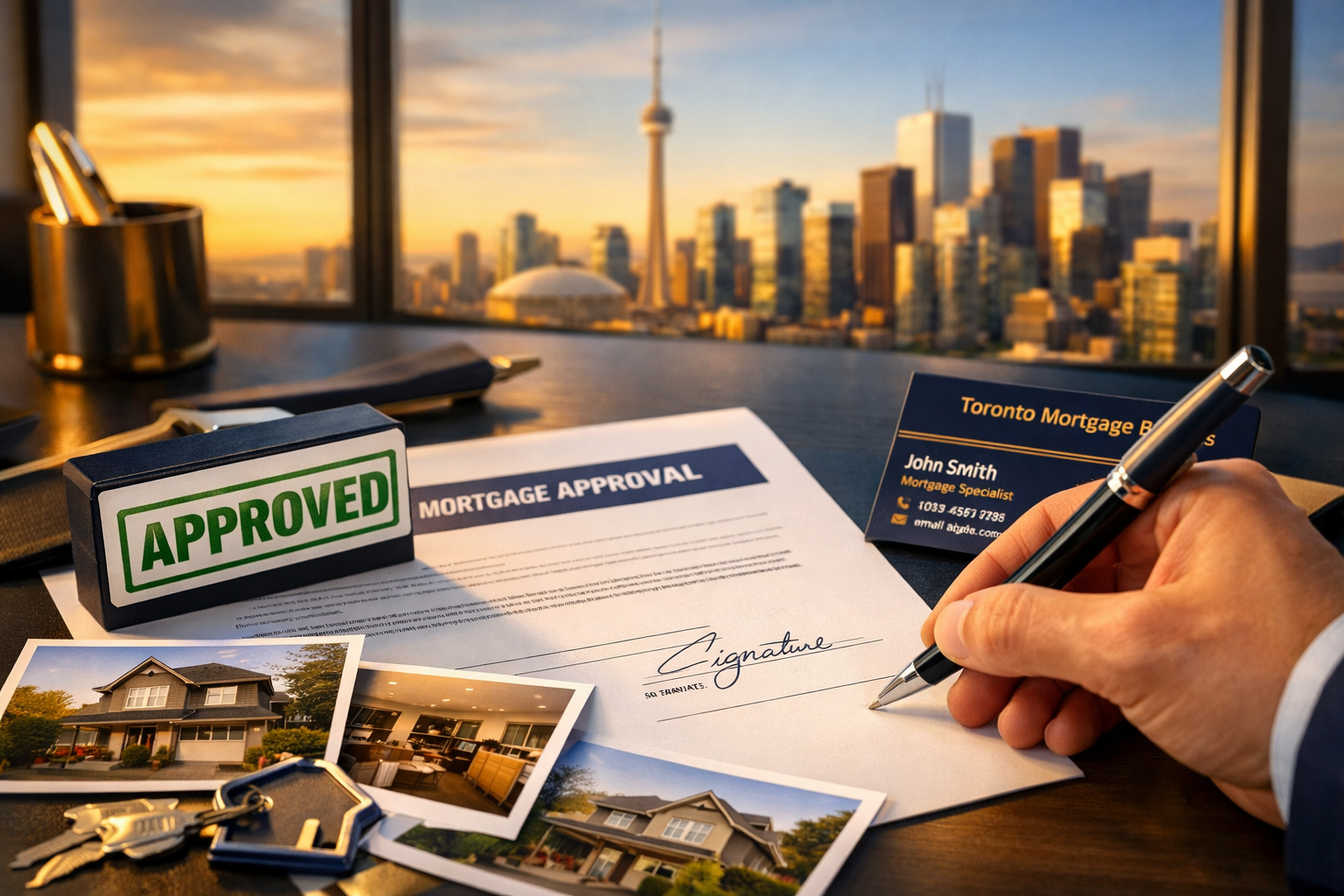 () success visualization showing approved mortgage application for self-employed Toronto borrower. Close-up of hands signing