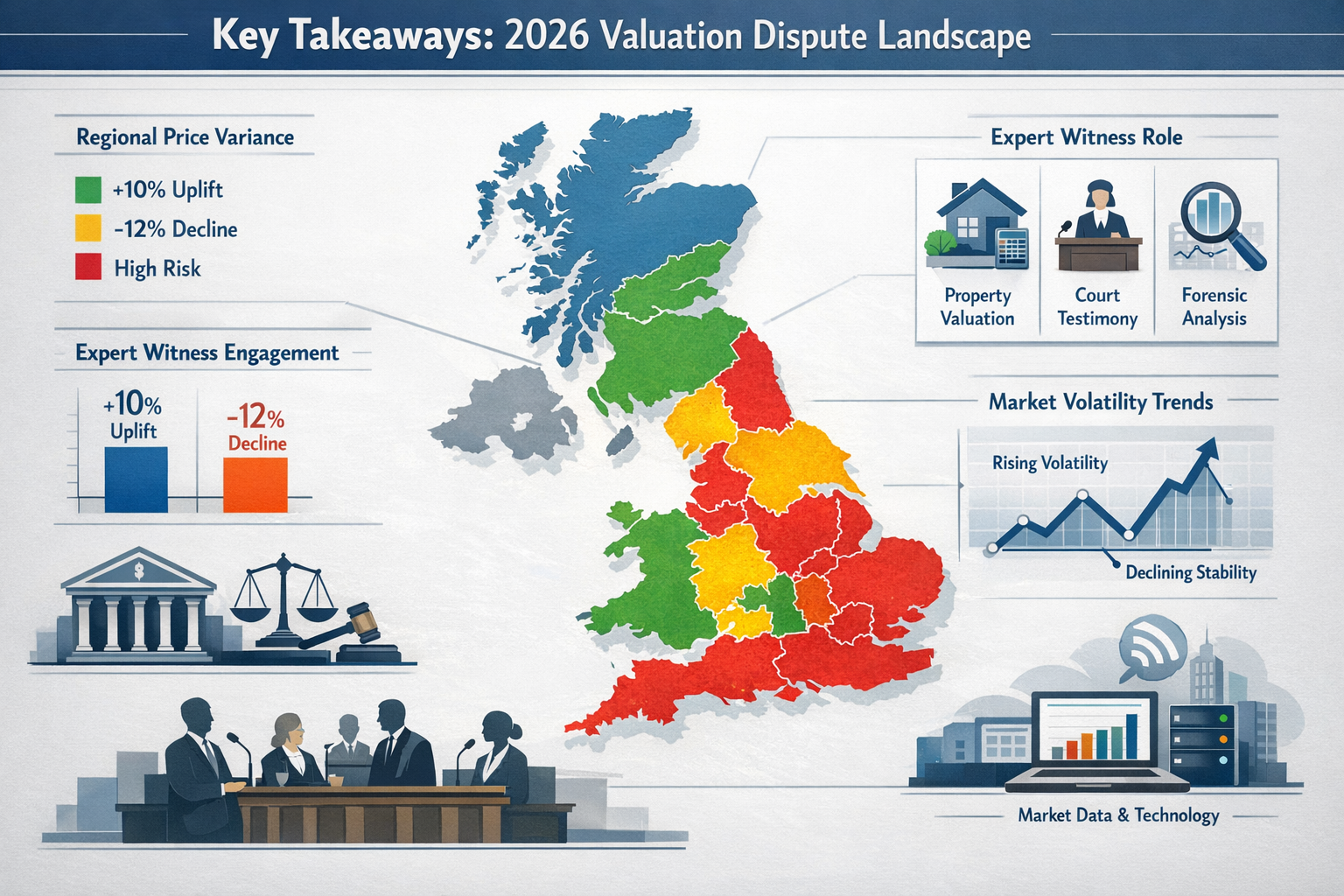 Comprehensive editorial-style infographic for 'Key Takeaways' section depicting 2026 valuation dispute landscape. Central