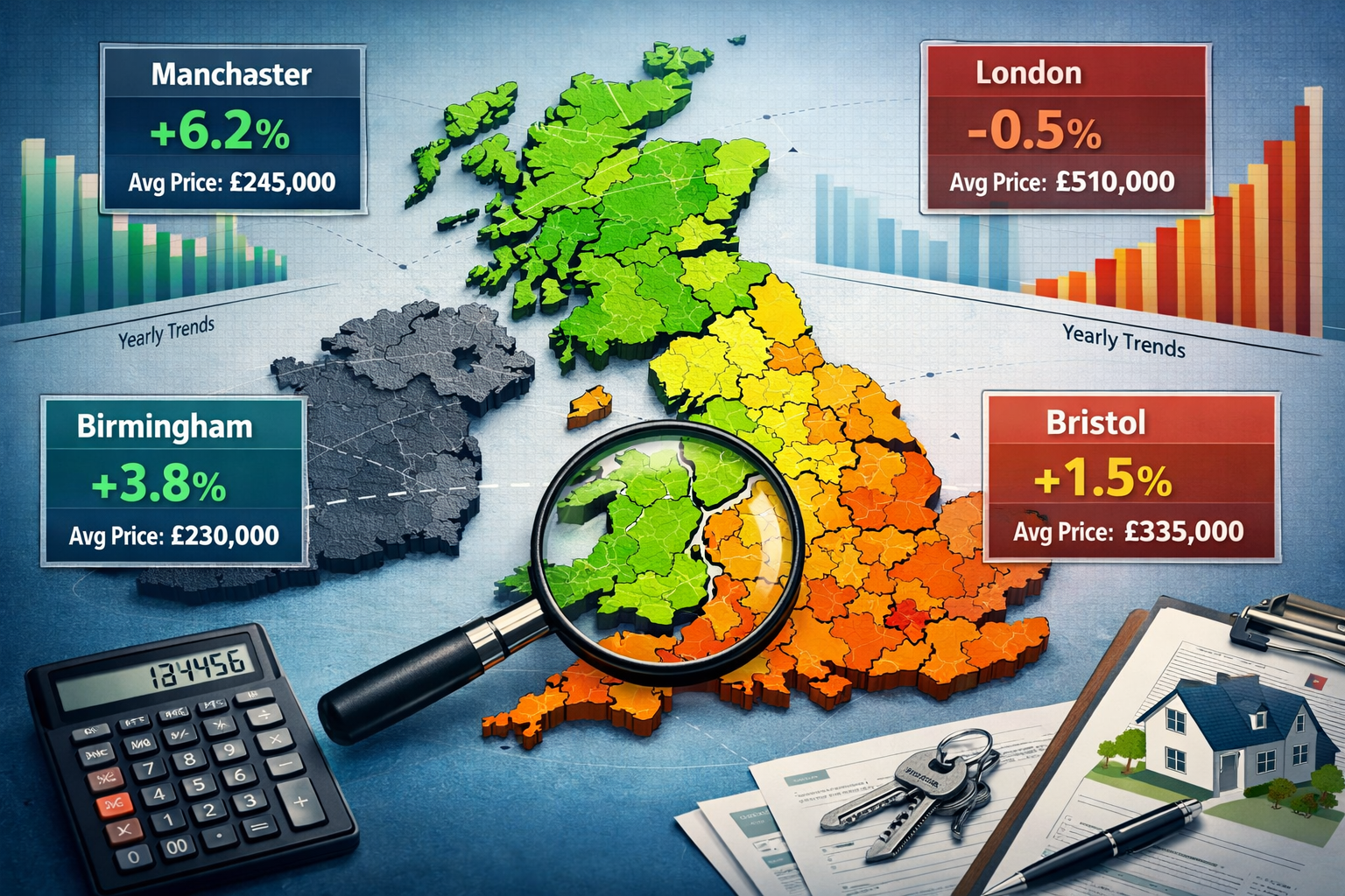 () detailed UK map showing regional house price variations across different territories with color-coded heat map . Northern