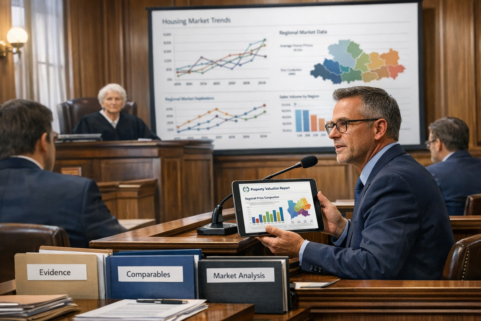 () professional courtroom scene showing expert witness at testimony stand with microphone, presenting to judge and legal