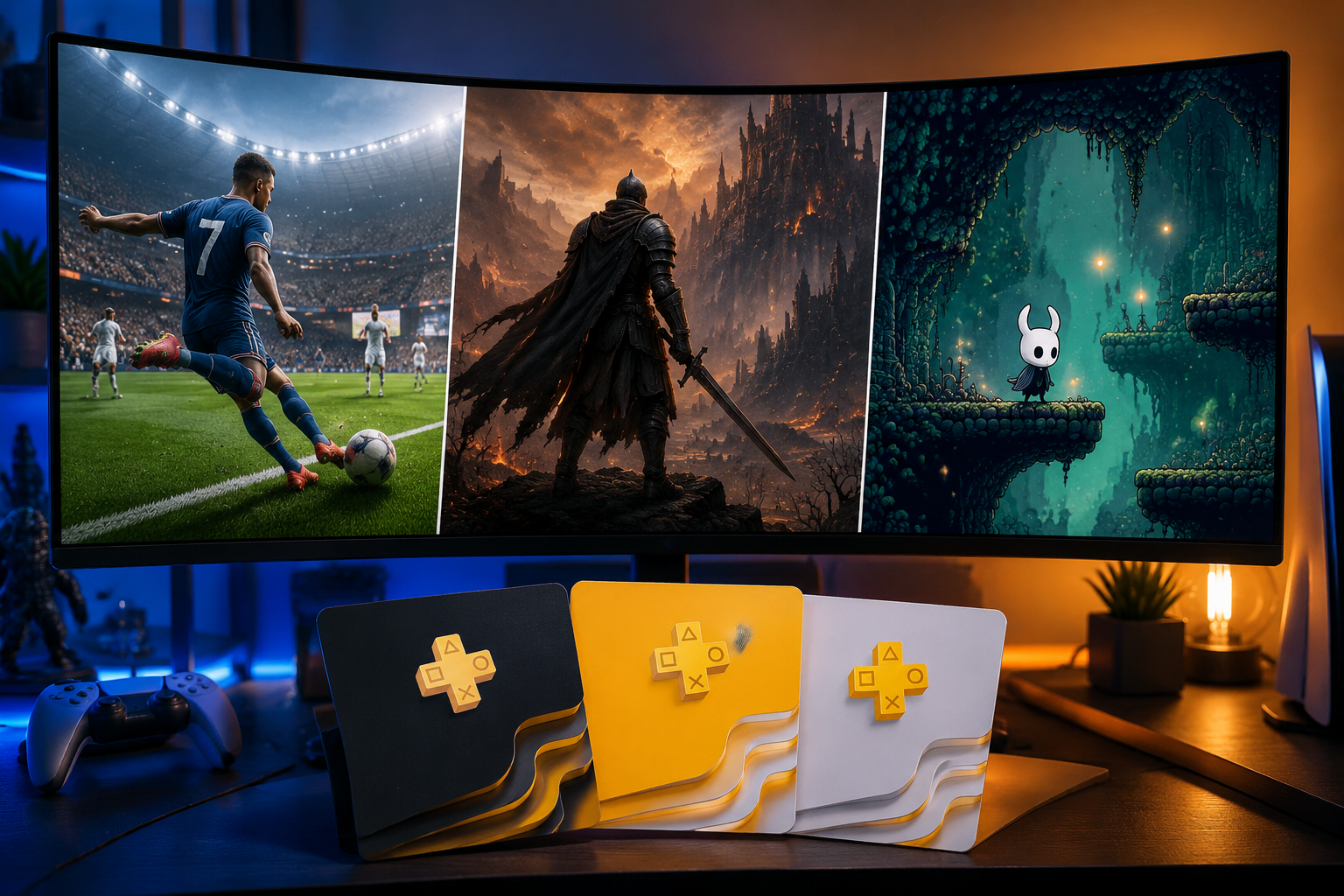 Detailed () editorial illustration showing a split-screen comparison of multiple game genres side by side — a soccer field