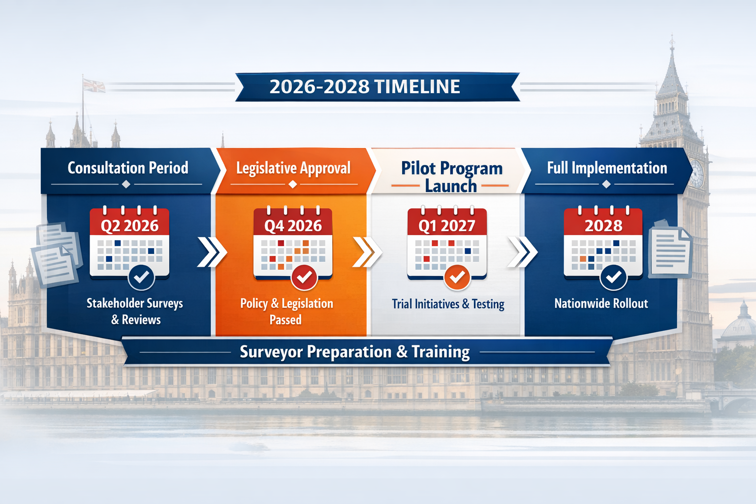 Detailed () image showing timeline infographic for 2026-2028 implementation phases with horizontal roadmap design. Visual