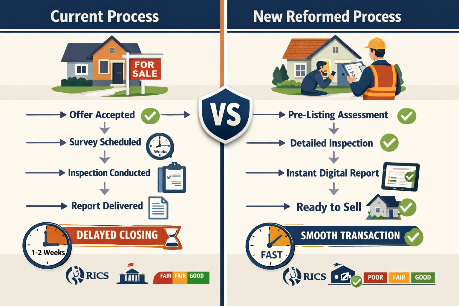 Detailed () image depicting split-screen comparison showing 'Current Process' versus 'New Reformed Process' for property