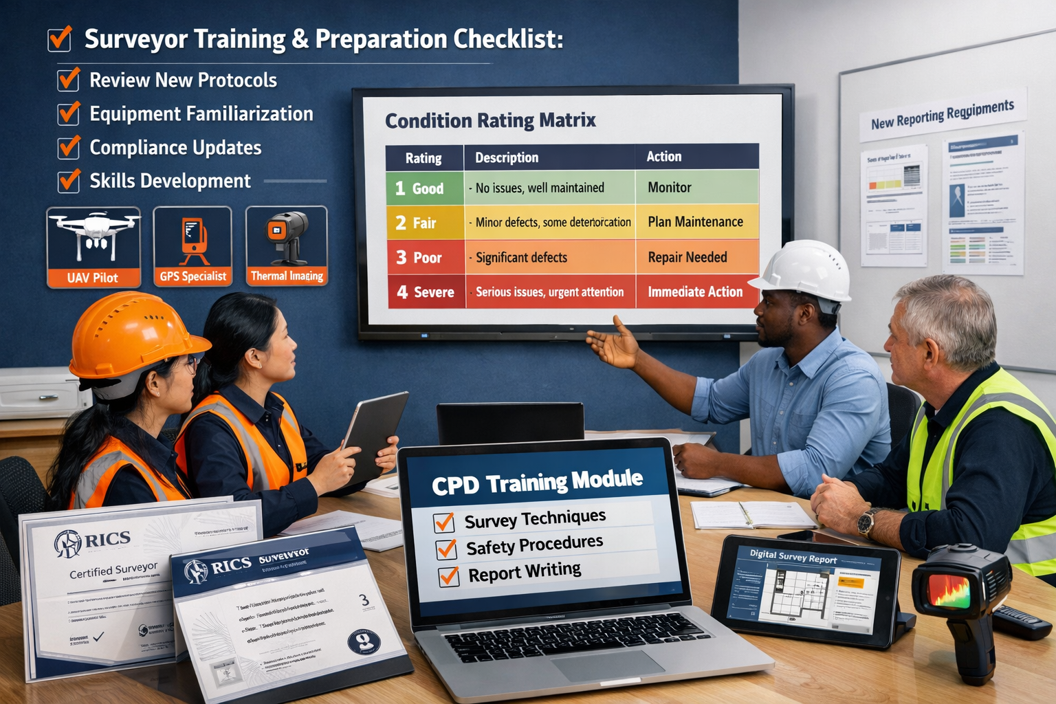 Detailed () image showing professional surveyor training and preparation checklist visualization. Central focus on diverse