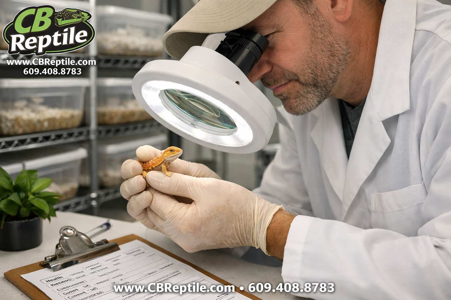 () editorial image showing a professional reptile breeder in a clean, well-lit facility examining a healthy baby bearded