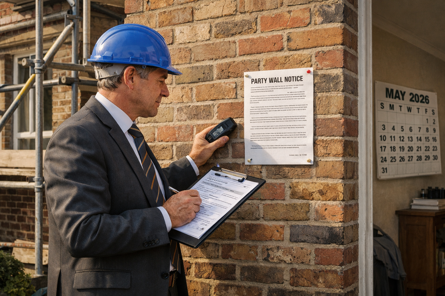 Wide-angle editorial photograph of a professional party wall surveyor in a suit examining a shared brick wall between two
