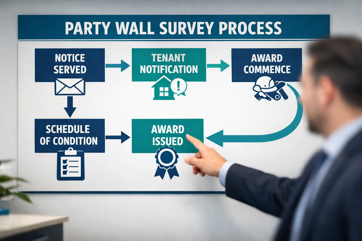 Close-up editorial infographic-style image showing a step-by-step party wall survey protocol flowchart displayed on a large