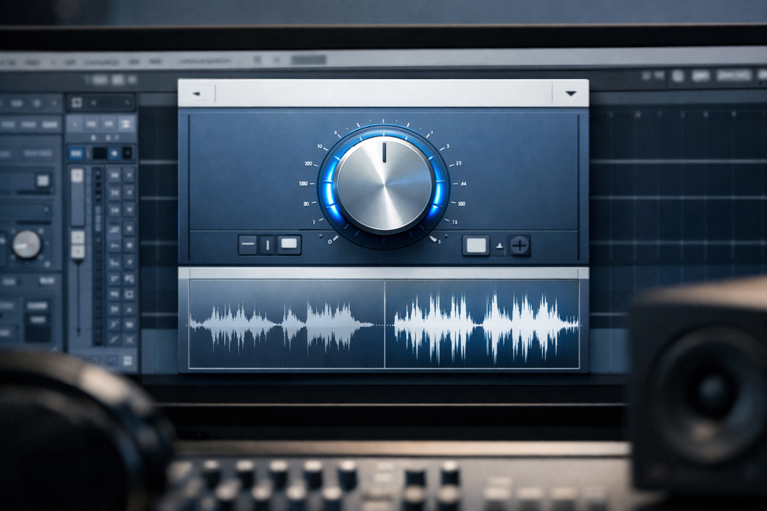 Close-up showing a DAW gain plugin inserted at the top of a vocal channel strip, with a utility gain knob highlighted and