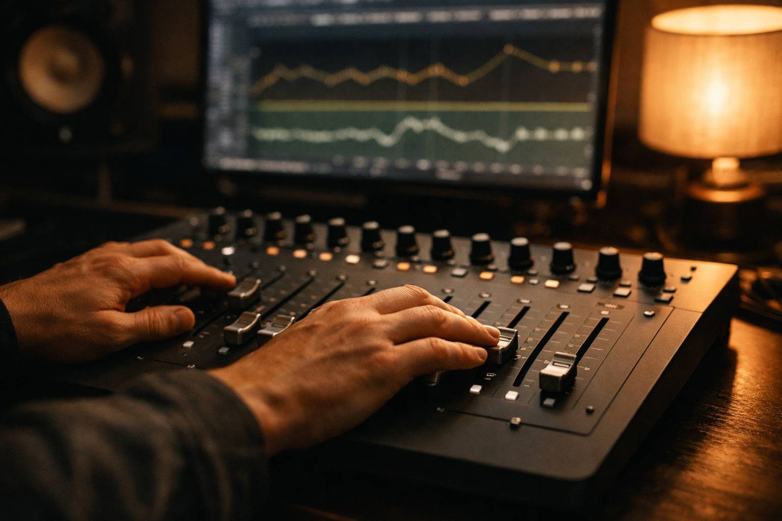 bird's-eye view of a producer's hands on a motorized fader controller, fingers lightly riding a single fader during a