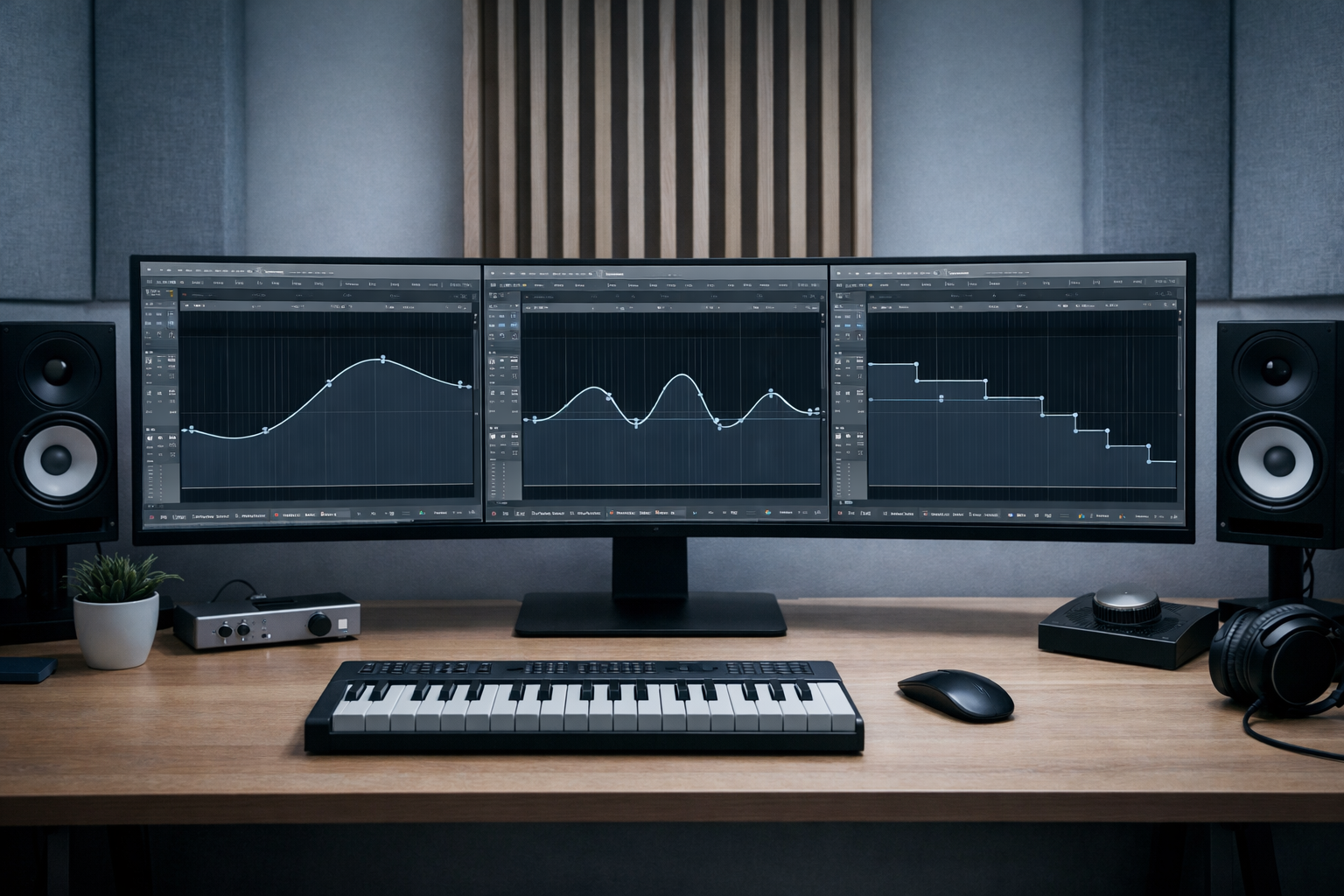 wide shot of a home studio desk showing three separate DAW windows side by side on an ultrawide monitor, each displaying