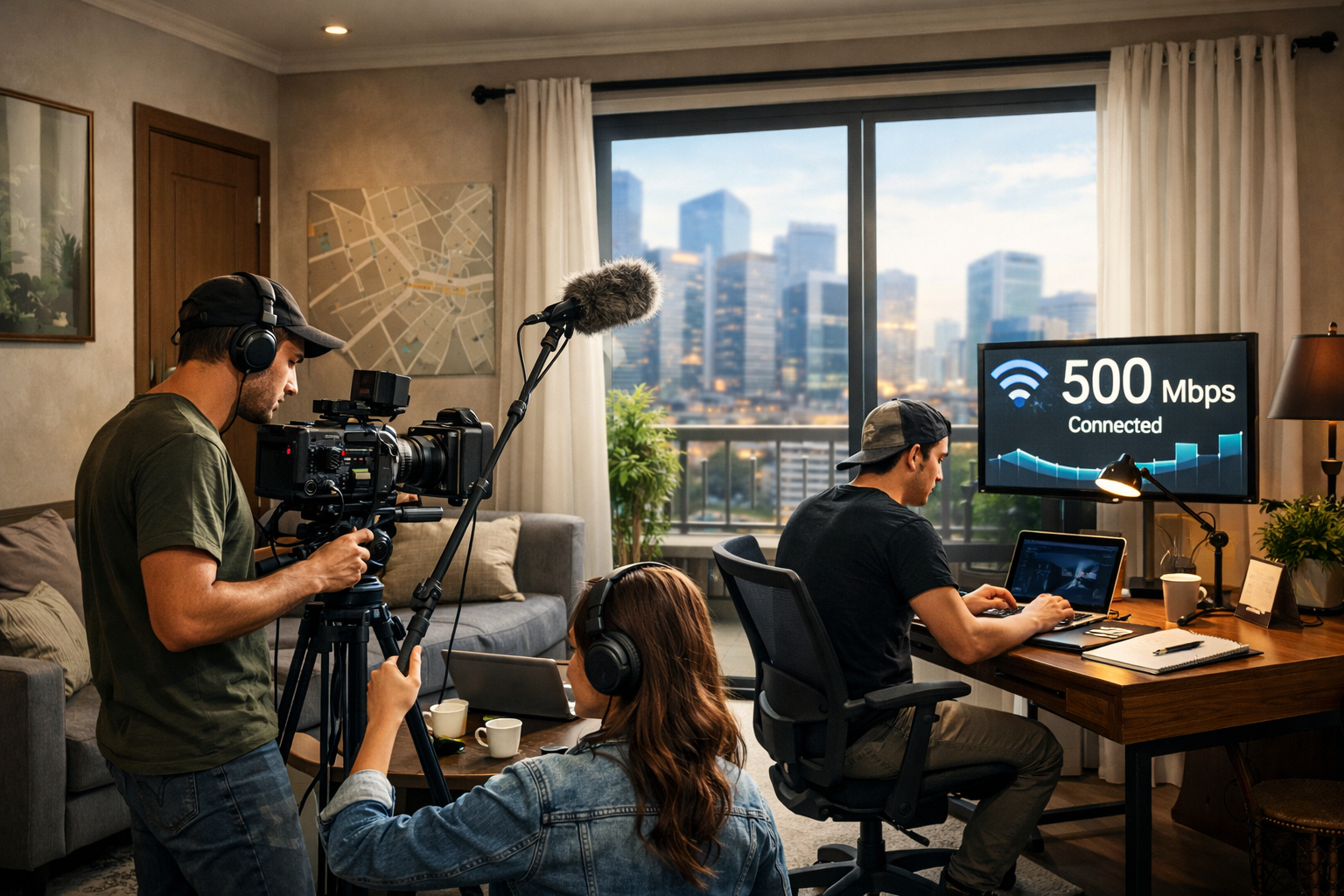 Detailed () image focusing on the logistical advantages and essential amenities of a premium Airbnb for film shoots in