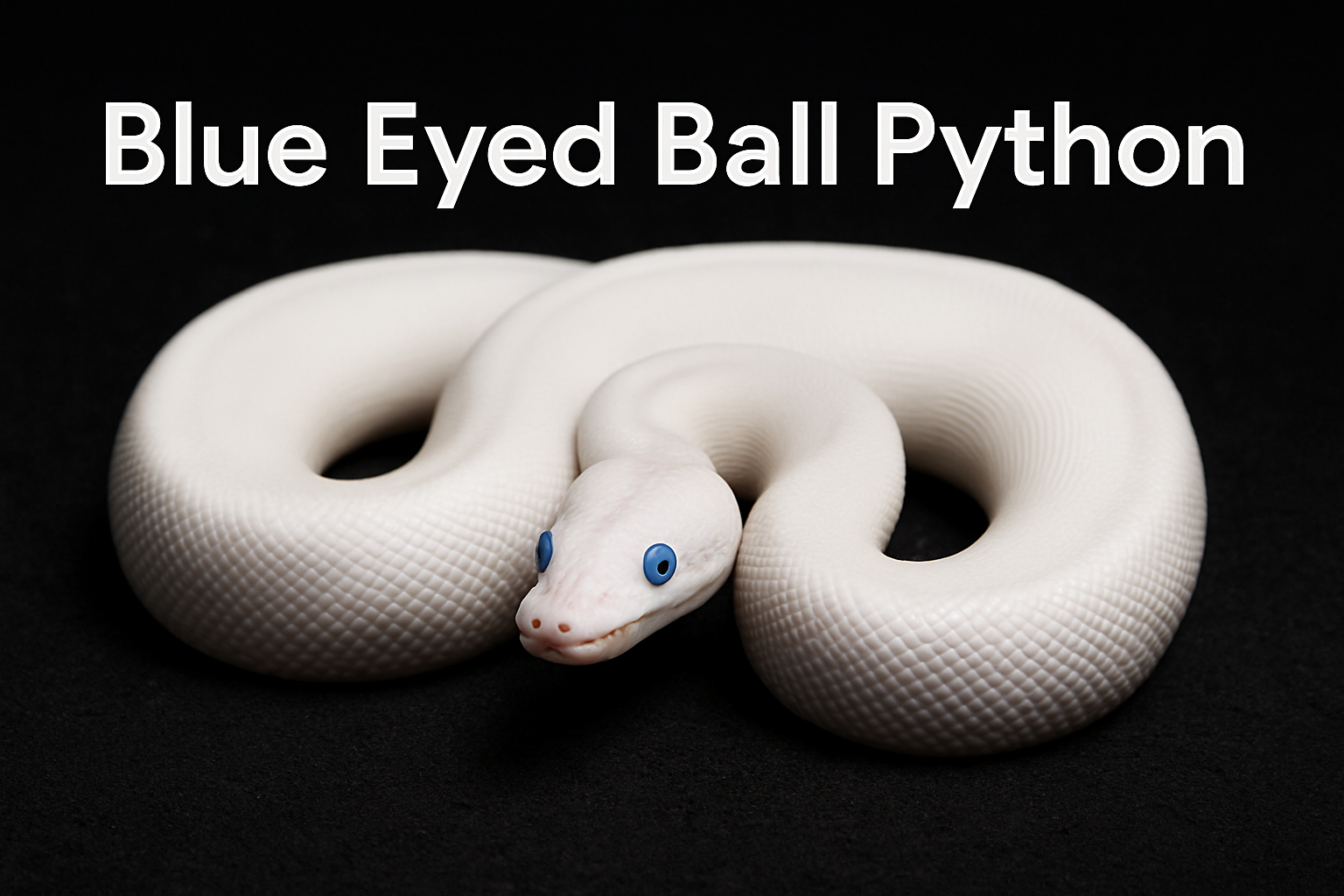 Professional landscape hero image (1536x1024) featuring a stunning blue eyed leucistic ball python coiled elegantly on dark substrate, with