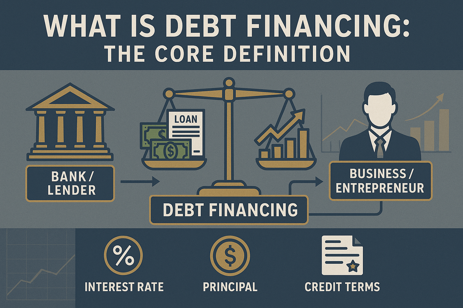 Detailed editorial-style infographic explaining 'What Is Debt Financing: The Core Definition', featuring a central graphic of a balanced sca