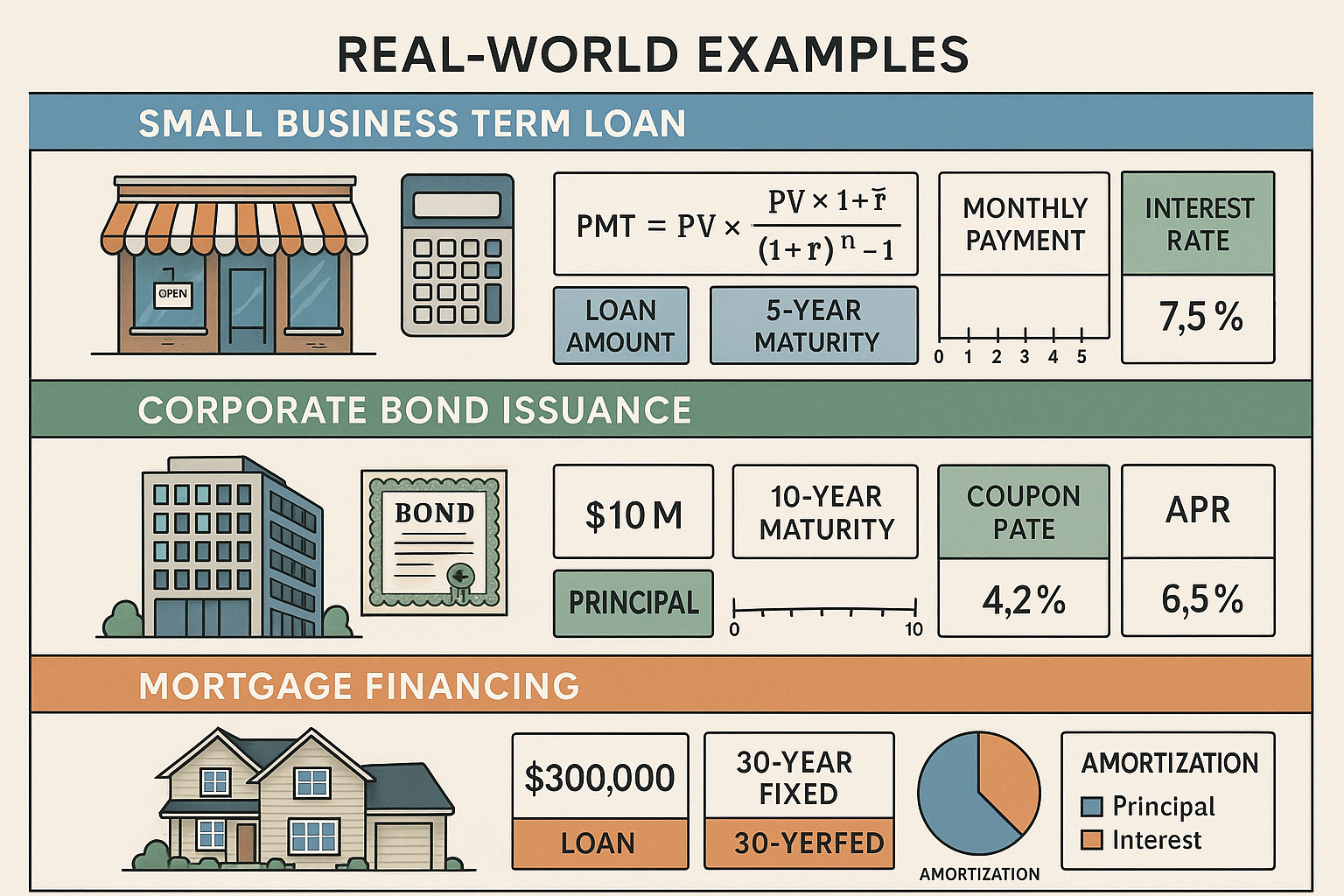 Real-world examples visualization (1536x1024) displaying three distinct debt financing scenarios in horizontal panels: top panel shows 'Smal