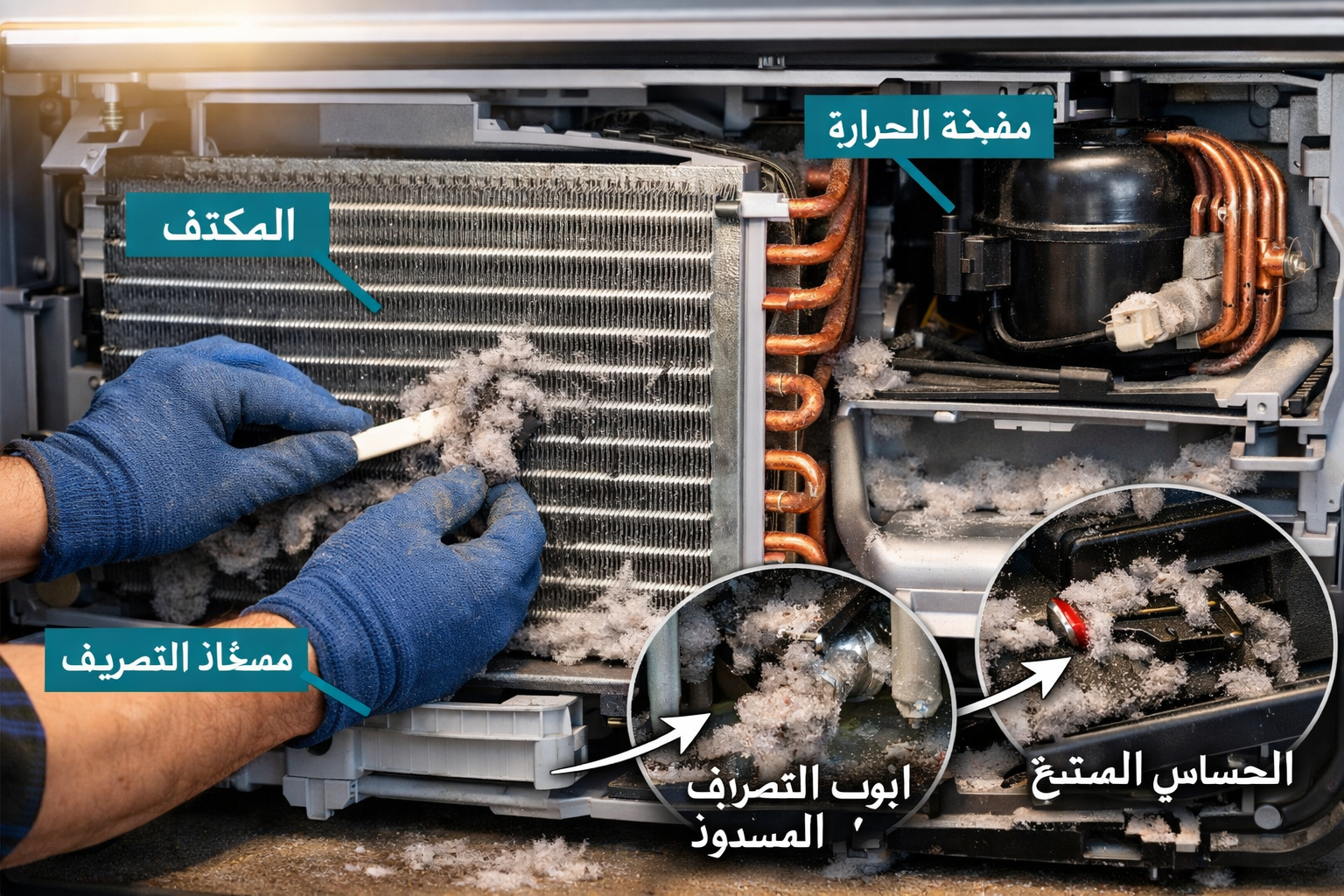 Wide-angle () showing close-up cross-section diagram of a Toshiba heat pump dryer condenser unit with Arabic labels: