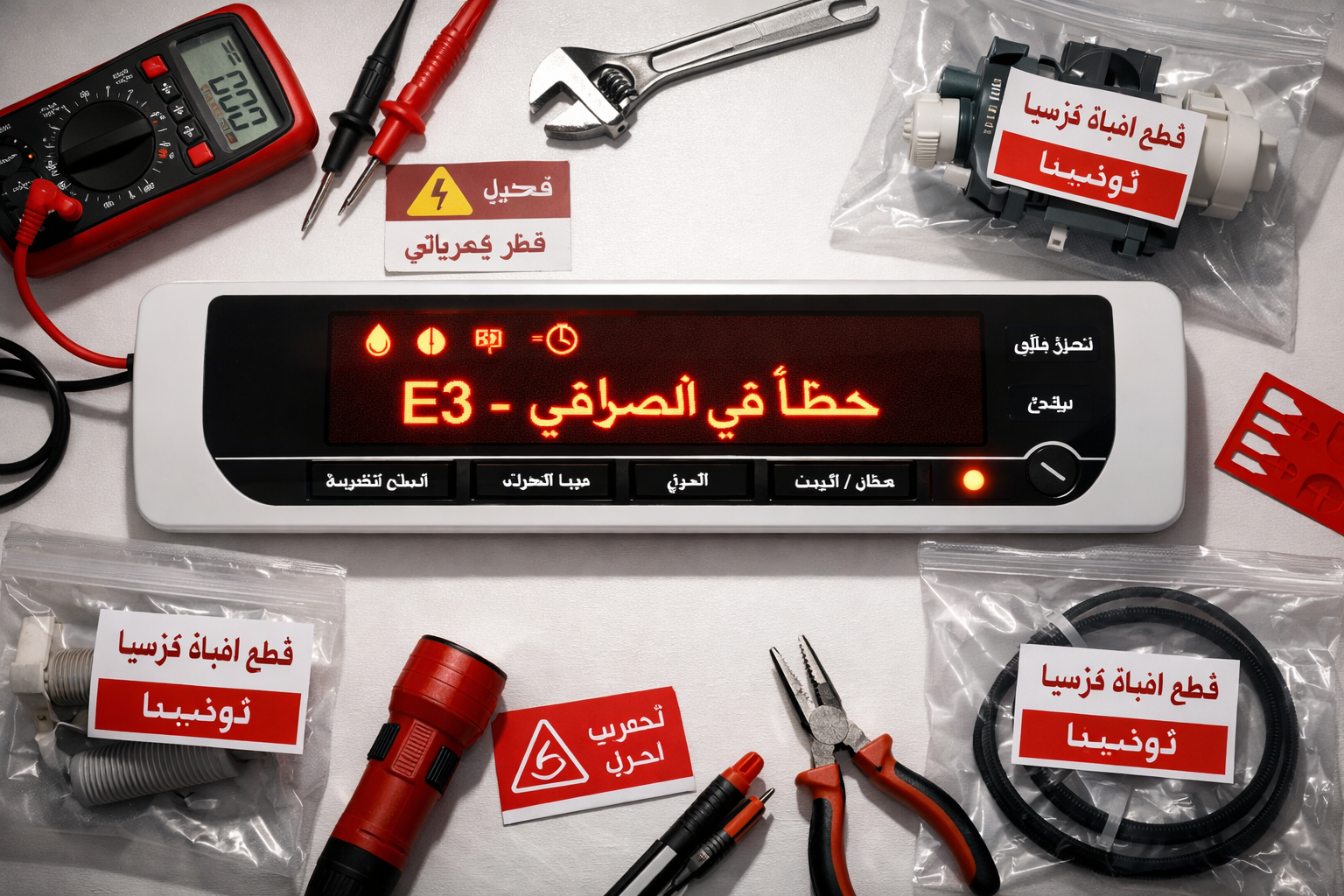 () showing overhead flat-lay of Toshiba dryer error code display panel glowing with Arabic text 'E3 - خطأ في التصريف',