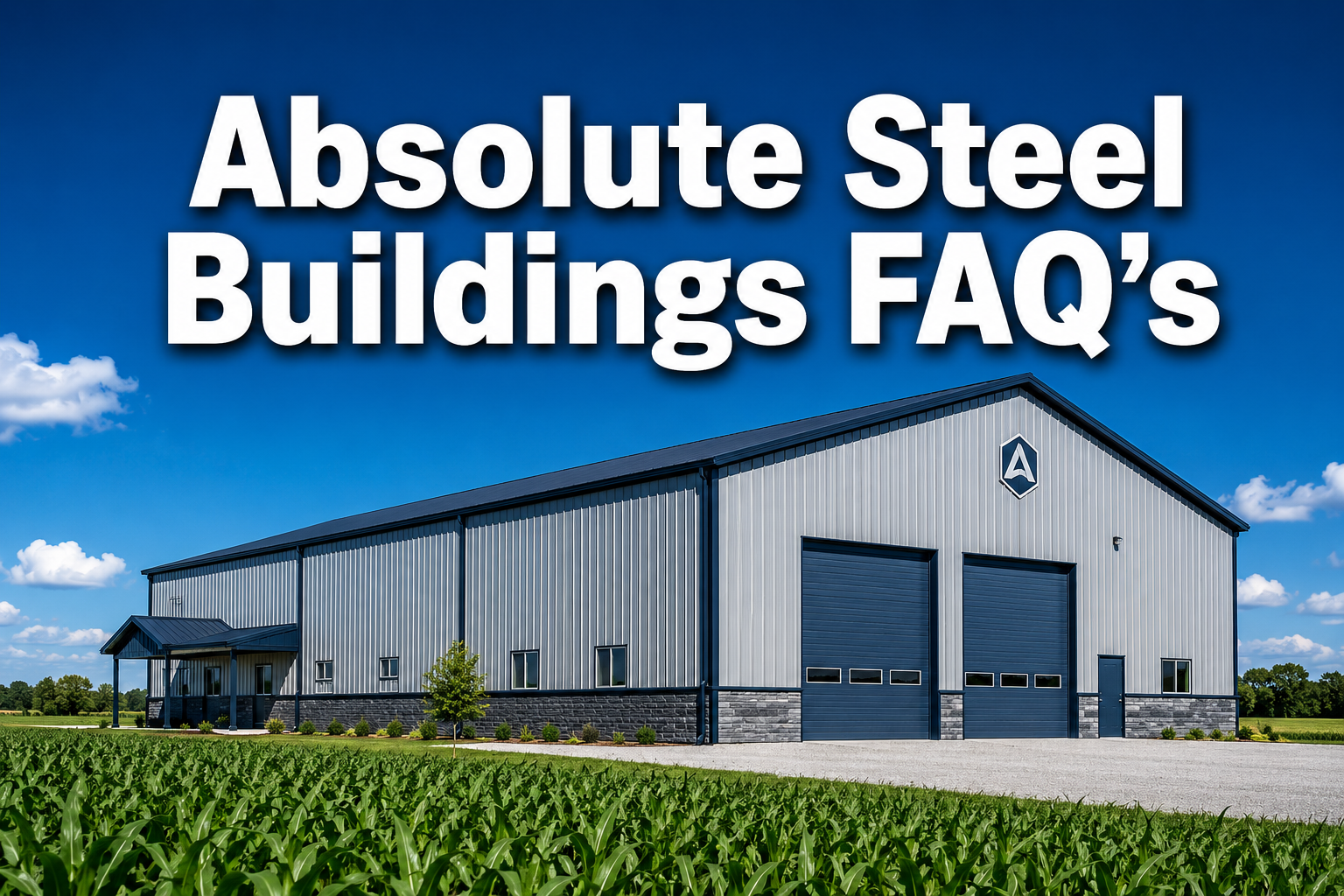 Professional () hero image featuring 'Absolute Steel Buildings FAQ's' in extra large white with deep charcoal , centered in