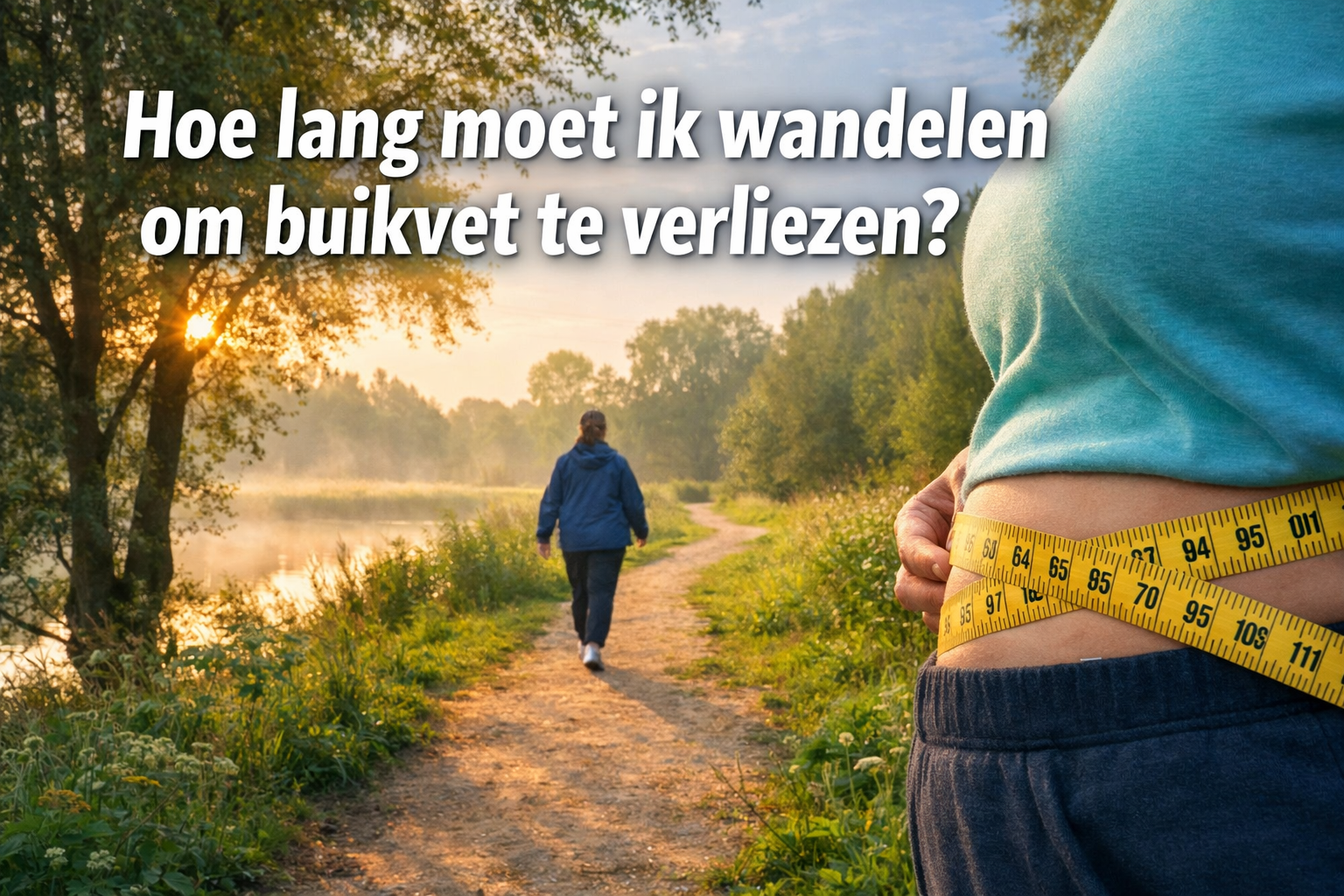 Professional landscape hero image (1536x1024) featuring bold text overlay 'Hoe lang moet ik wandelen om buikvet te verliezen?' in extra larg