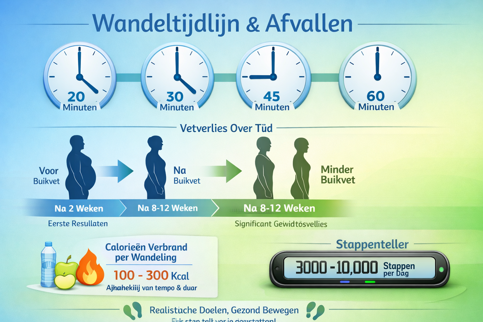 Detailed infographic showing walking duration timeline (1536x1024 landscape), clean modern design with clock icons showing 20, 30, 45, and 6