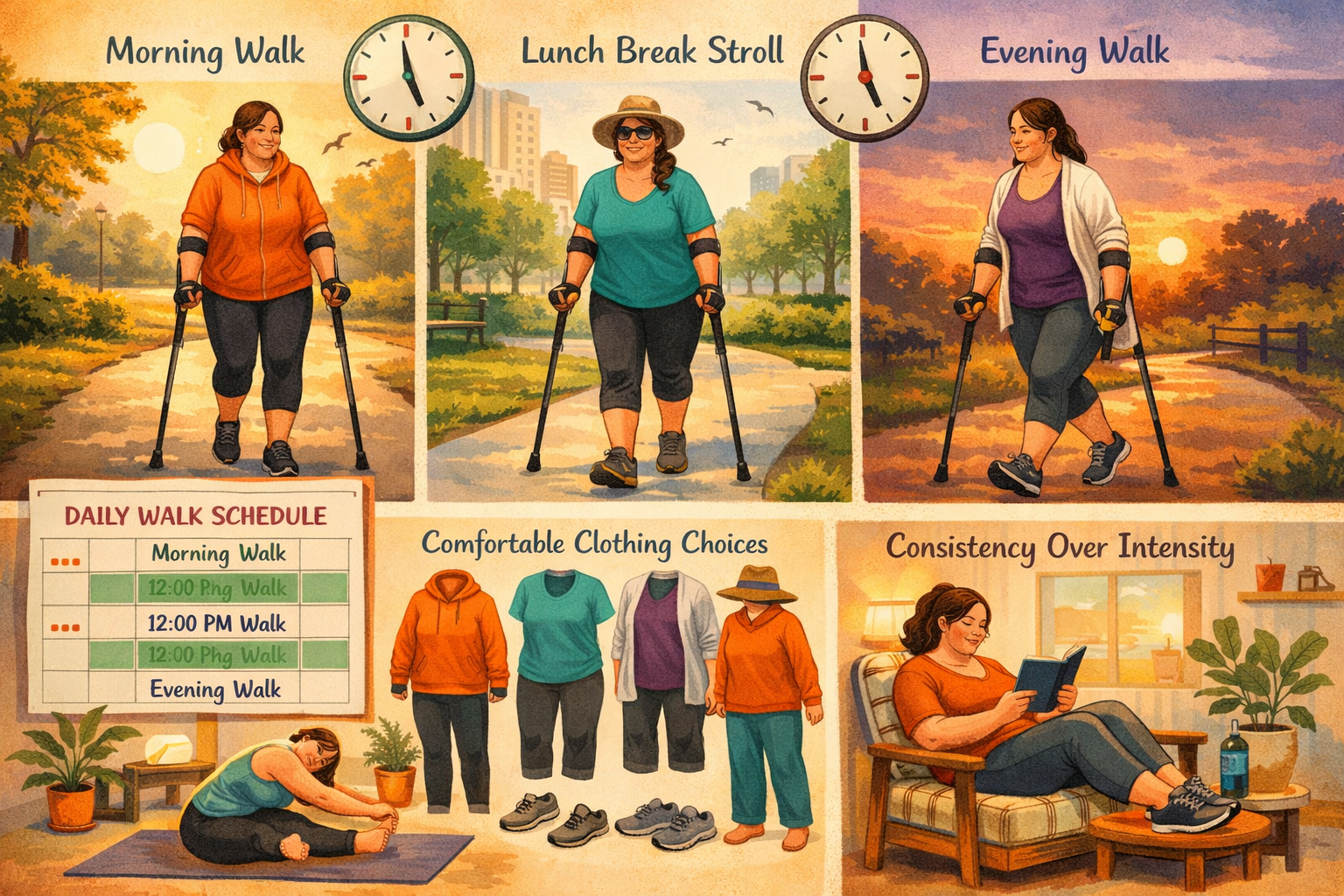 Lifestyle composition showing realistic walking schedule integration (1536x1024 landscape), split-screen comparison of morning walk, lunch b