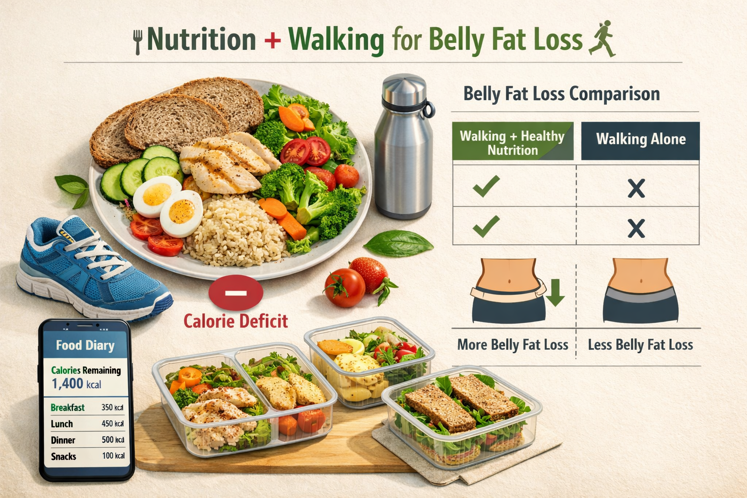 Nutrition and walking synergy visualization (1536x1024 landscape), balanced plate with whole foods, vegetables, lean proteins alongside walk