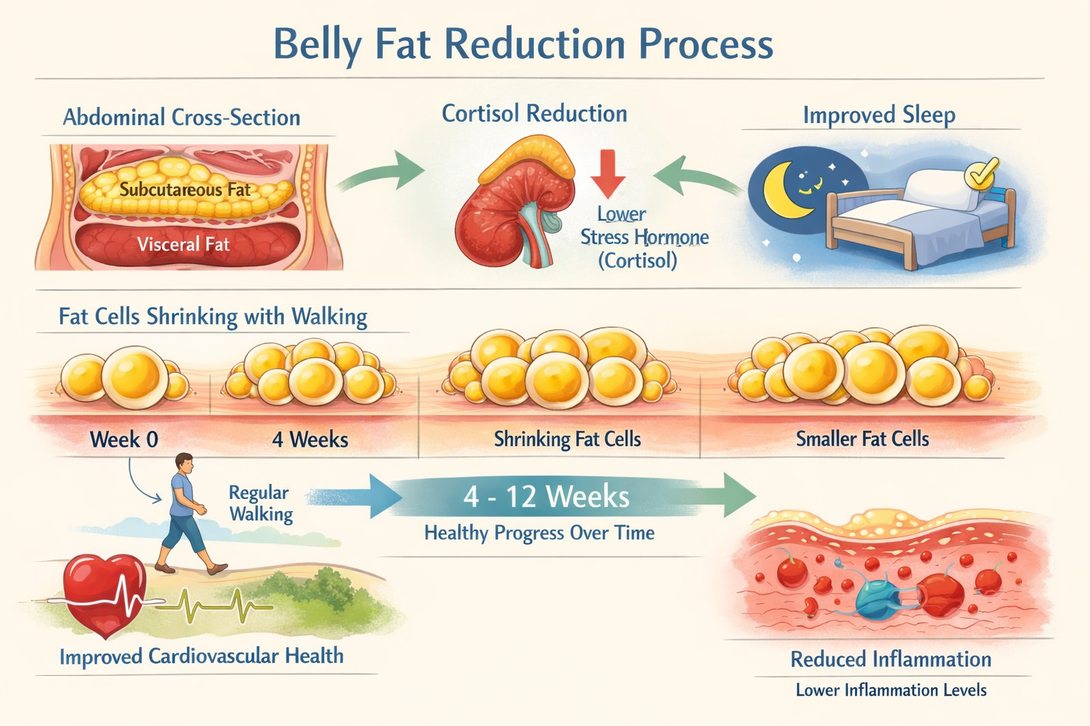 Scientific illustration of belly fat reduction process (1536x1024 landscape), anatomical cross-section showing visceral and subcutaneous bel