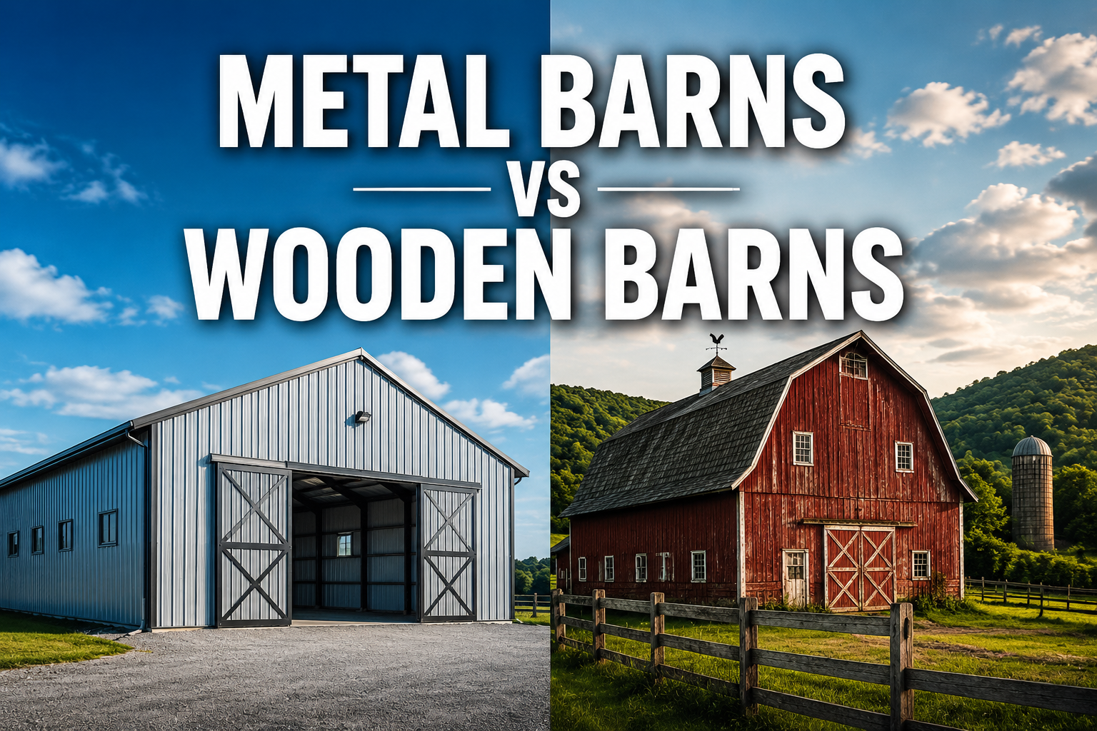 Professional () hero image with : 'Metal Barns vs Wooden Barns' in extra large white with dark drop , centered upper-third