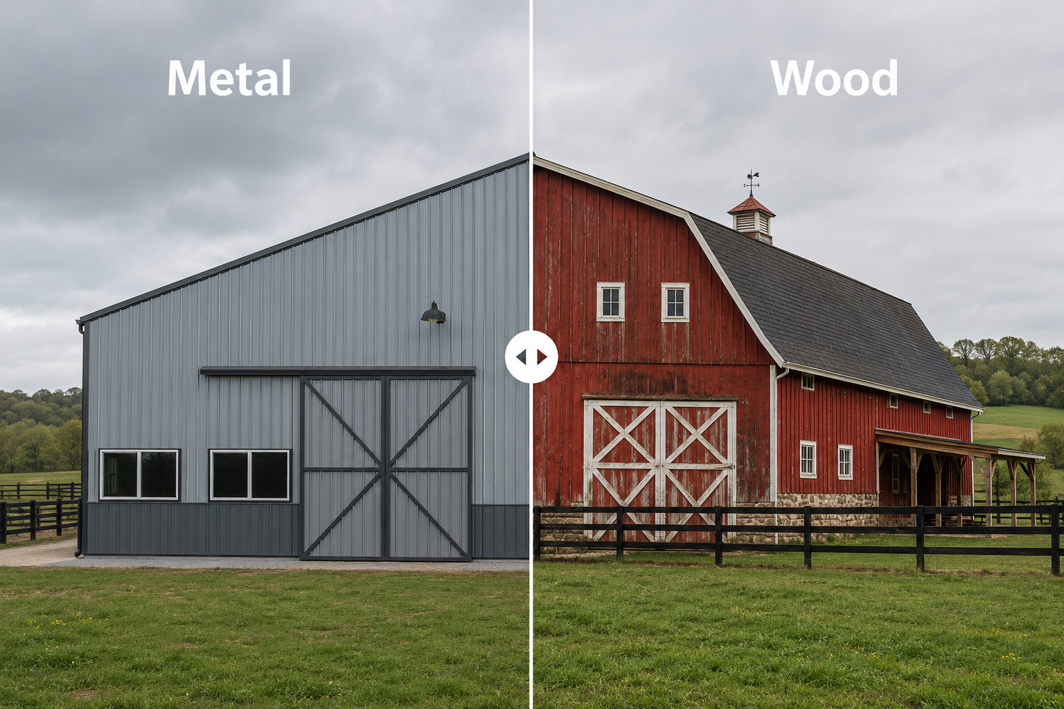 Wide-angle () editorial photograph showing a direct side-by-side comparison: a modern galvanized steel metal barn on the