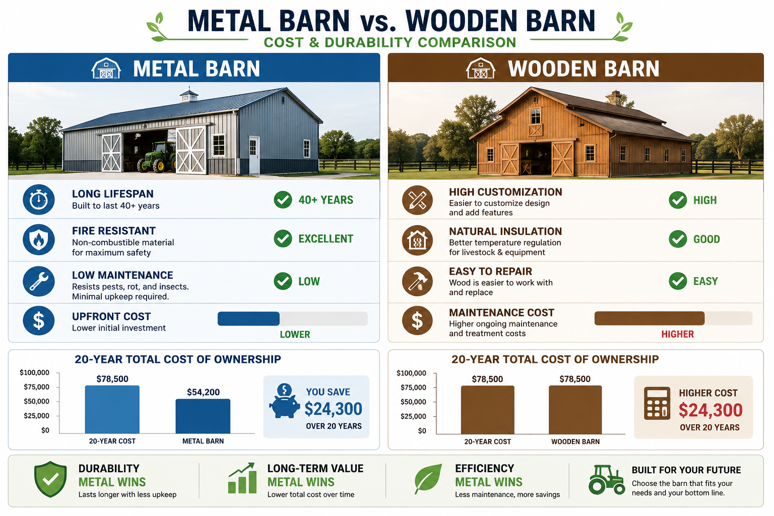 Detailed () infographic-style image showing a cost and durability comparison table between metal barns and wooden barns.