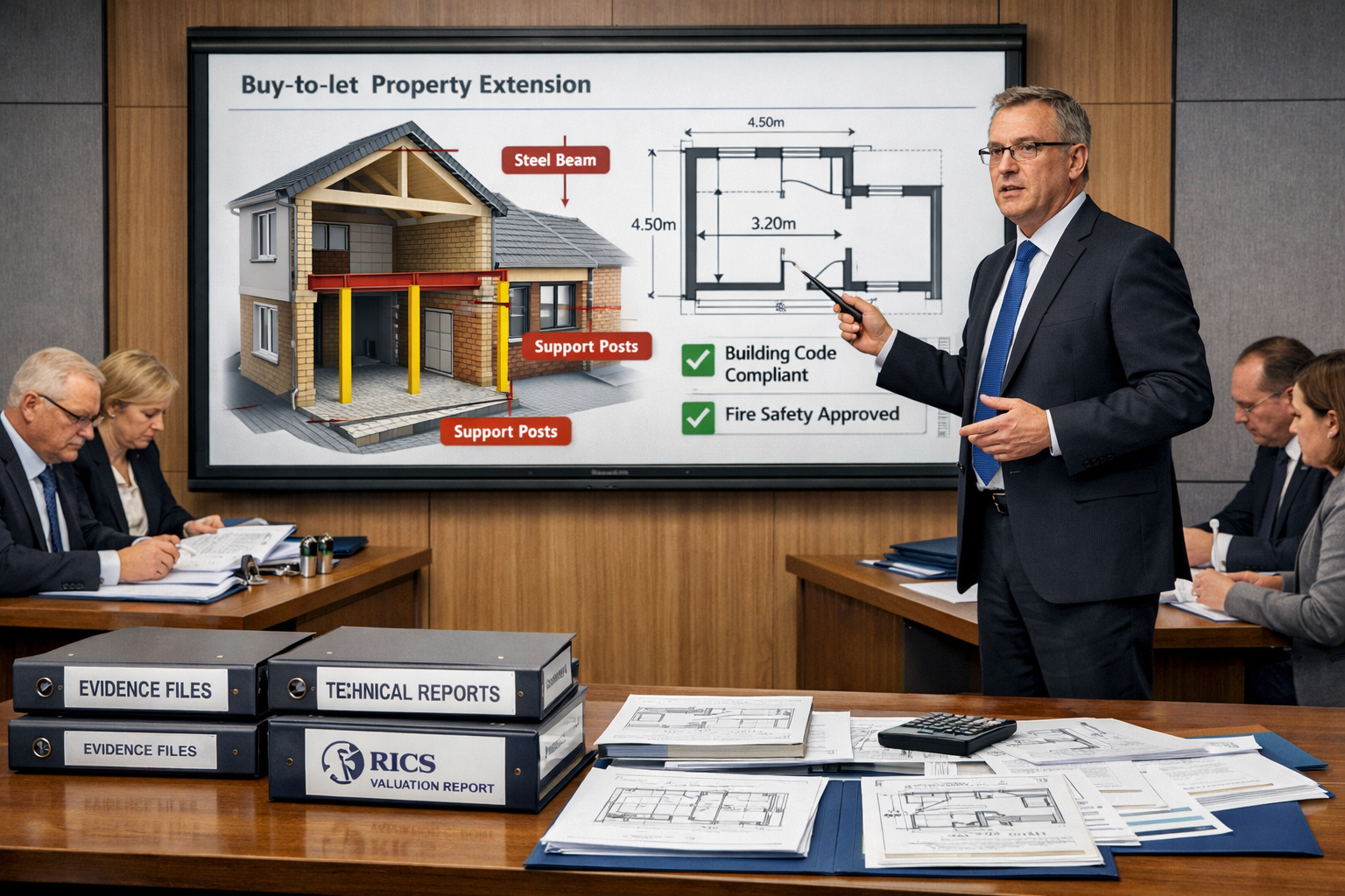 () detailed scene showing professional expert witness in formal attire presenting technical evidence in modern arbitration