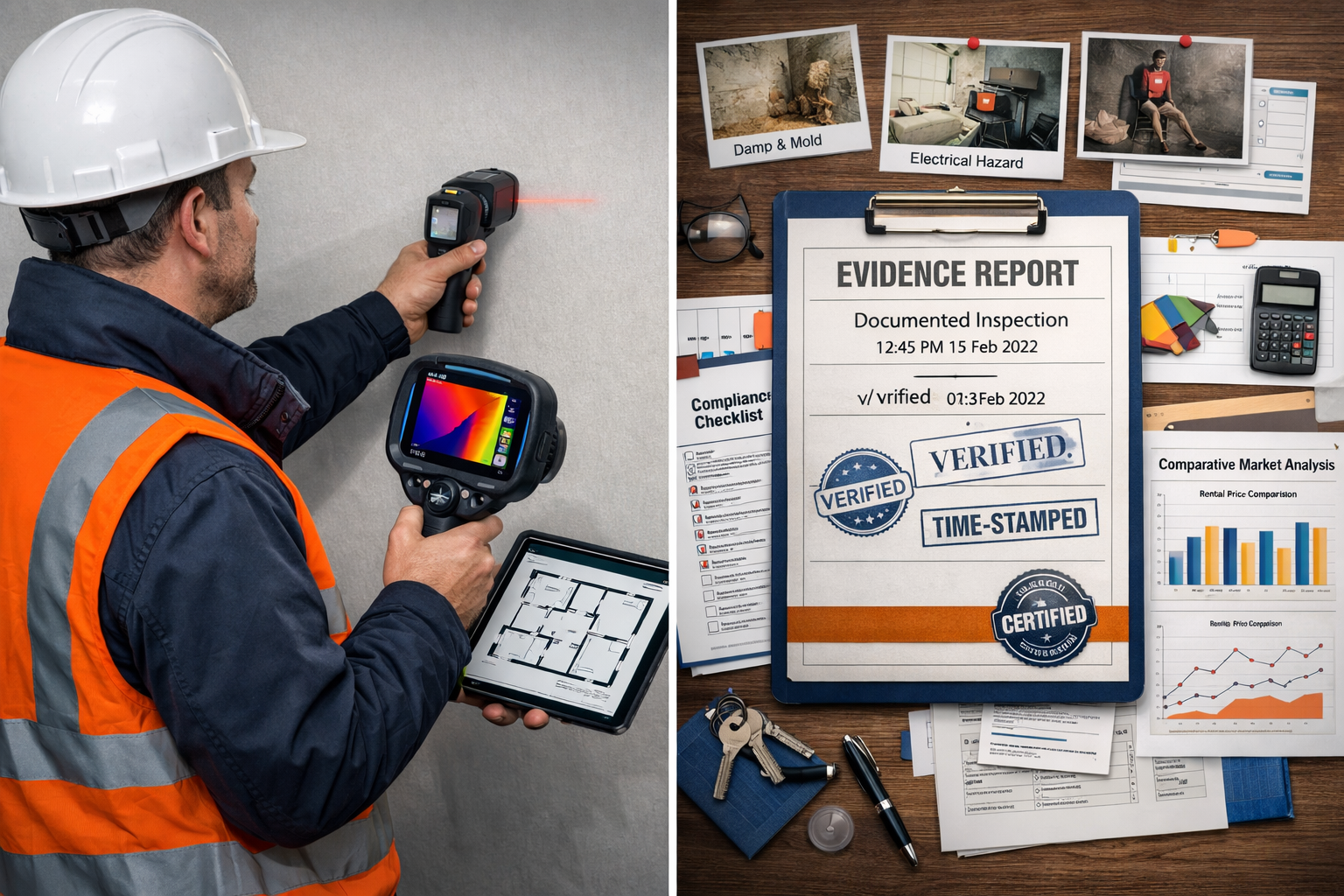 () split-screen composition showing evidence preparation workflow for buy-to-let disputes. Left panel displays chartered