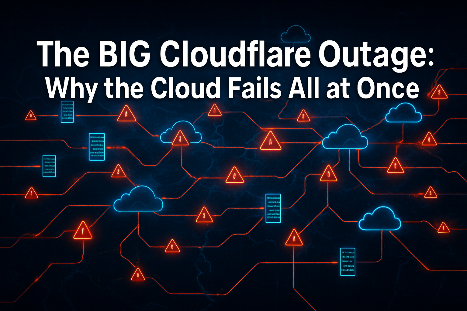 Professional landscape hero image (1536x1024) featuring bold text overlay 'The BIG Cloudflare Outage: Why the Cloud Fails All at Once' in ex