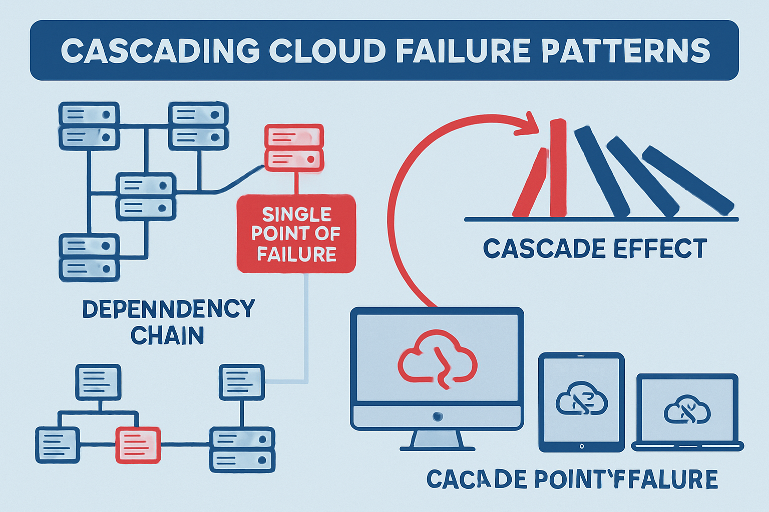 Detailed infographic showing cascading cloud failure patterns (1536x1024) with interconnected server clusters, dependency chains, and single