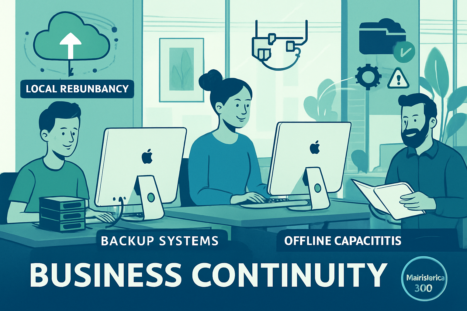 Professional illustration of business continuity strategies (1536x1024) featuring Mac workstations with local backup systems, redundant netw