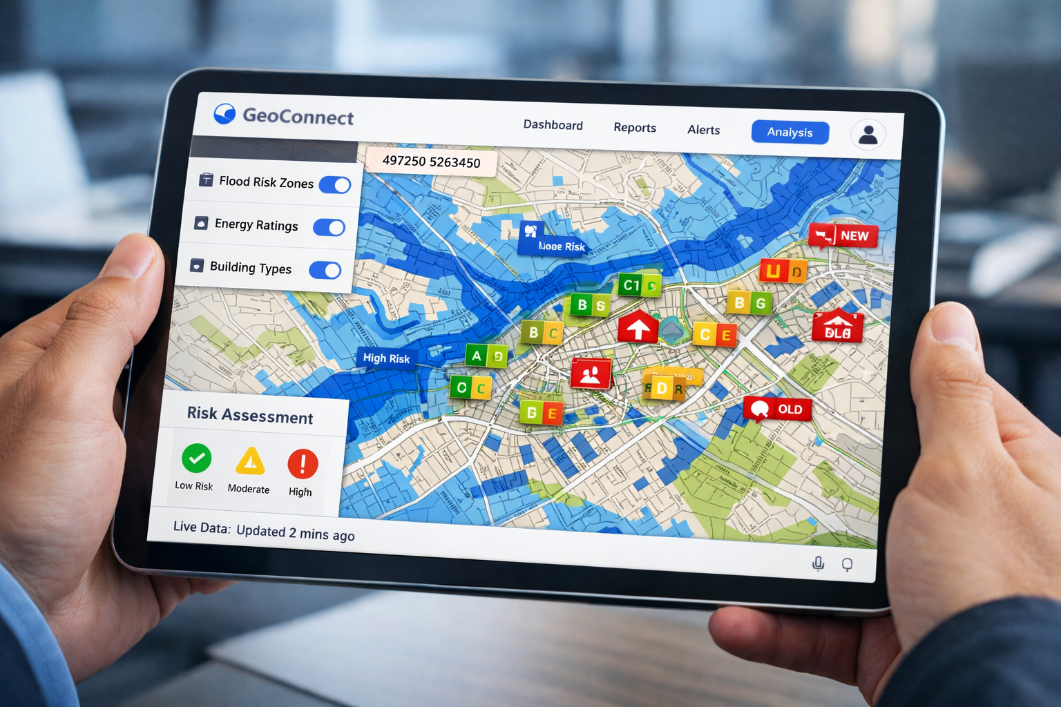 Detailed () image showing close-up of digital tablet displaying GeoConnect platform interface with multiple data layers