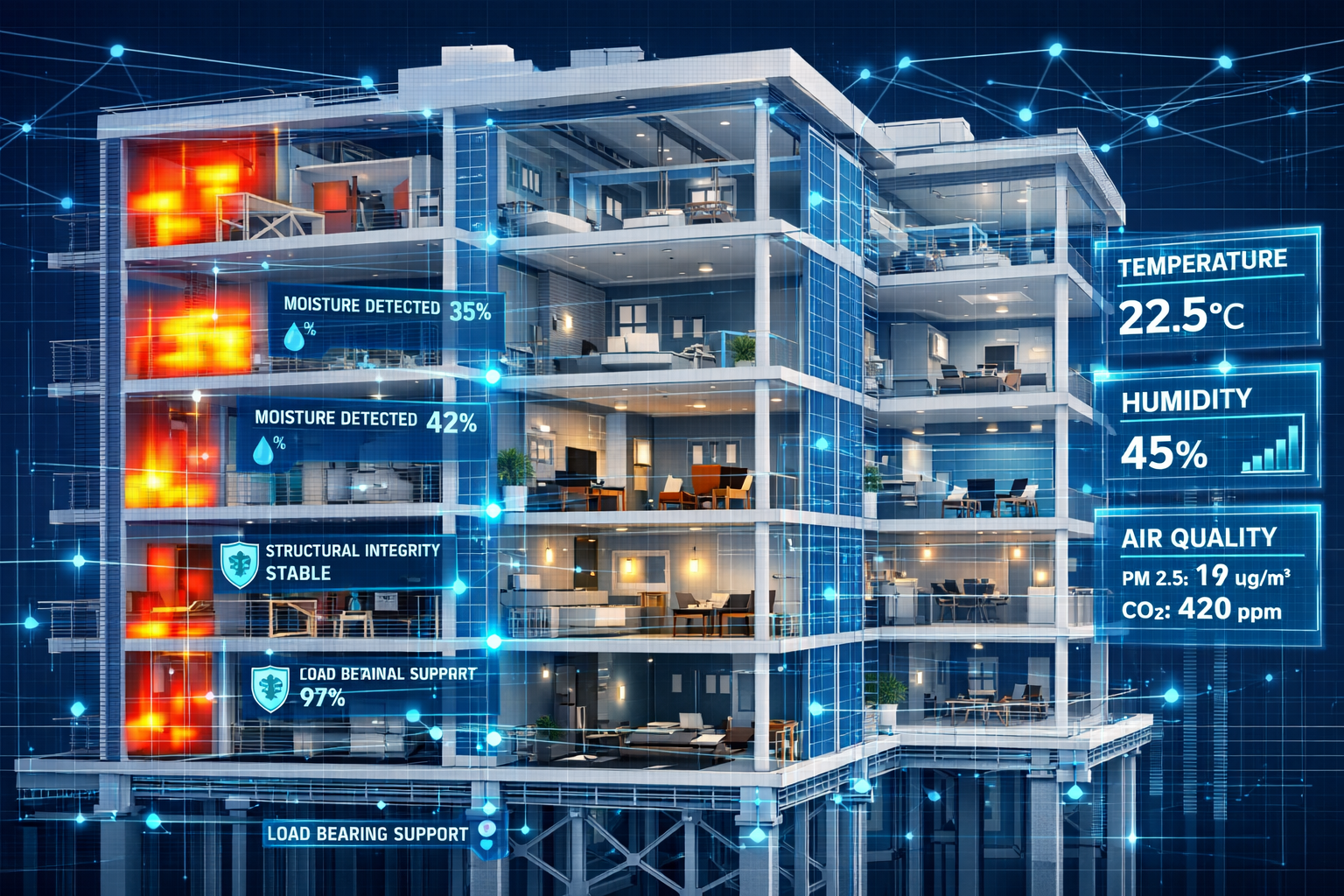 Detailed () architectural visualization showing cutaway cross-section view of modern high-rise residential building with