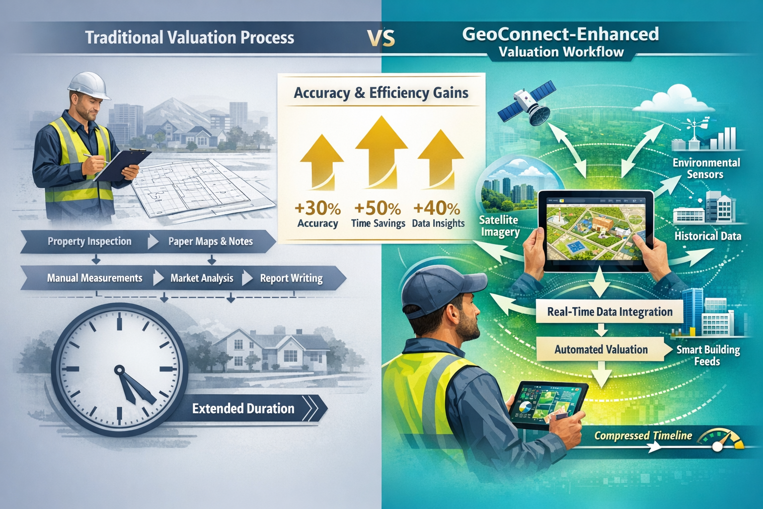 Detailed () comparison infographic showing traditional valuation process versus GeoConnect-enhanced valuation workflow. Left