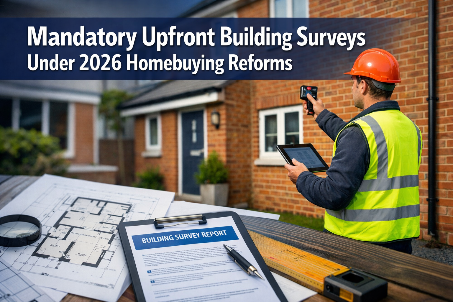 Professional () hero image featuring 'Mandatory Upfront Building Surveys Under 2026 Homebuying Reforms' in extra large white