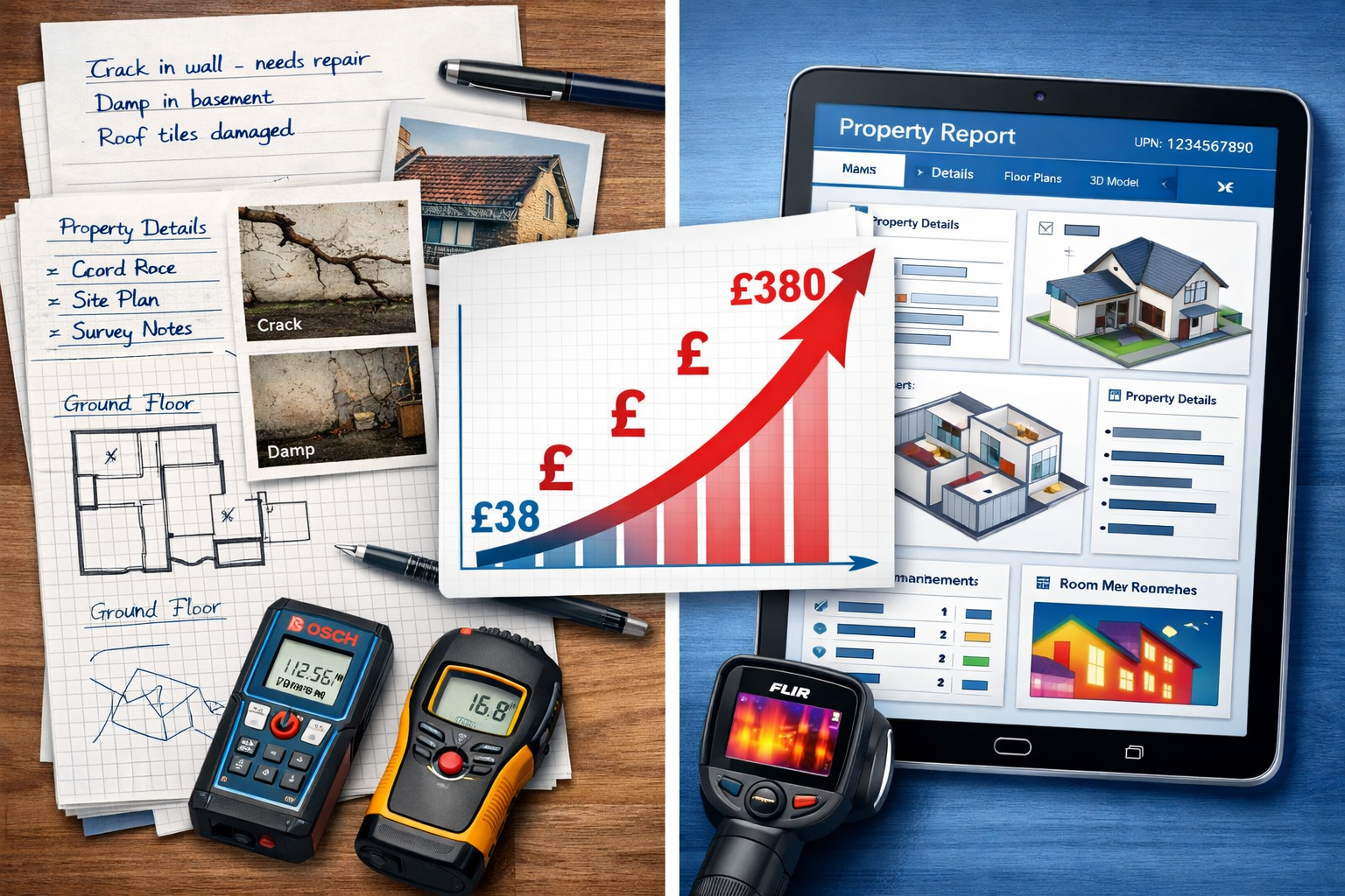 Detailed () image showing split-screen comparison: left side displays traditional paper-based property survey report with