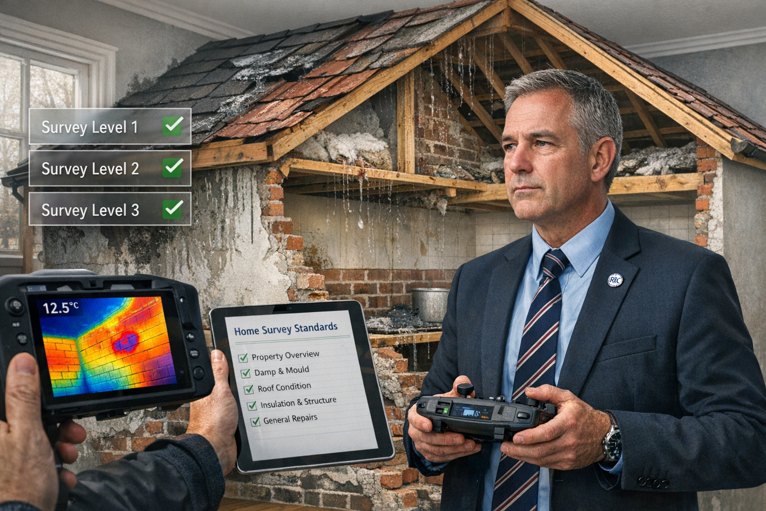 Detailed () image depicting RICS chartered surveyor conducting comprehensive building inspection inside residential