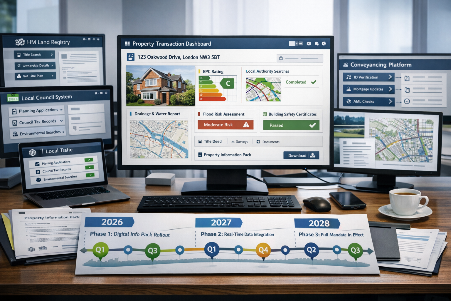 Detailed () image showing modern conveyancing office with multiple computer screens displaying digital property transaction