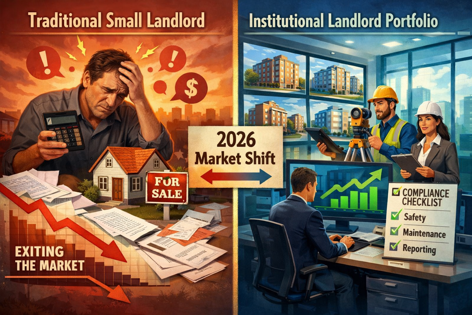 () split-screen comparison visualization showing 'Traditional Small Landlord' versus 'Institutional Landlord Portfolio'