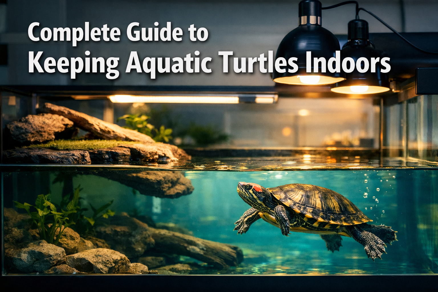 Professional landscape hero image (1536x1024) featuring bold text overlay 'Complete Guide to Keeping Aquatic Turtles Indoors' in extra large