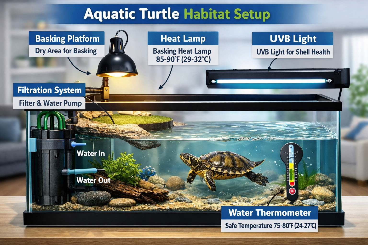 Indoor aquatic turtle habitat setup showing large glass tank with proper filtration system, basking platform with heat lamp, UV lighting fix